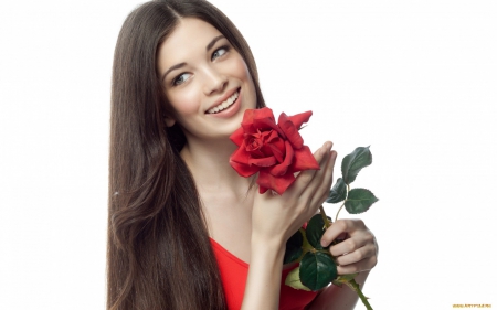 girl with red rose - cute, rose, smile, red