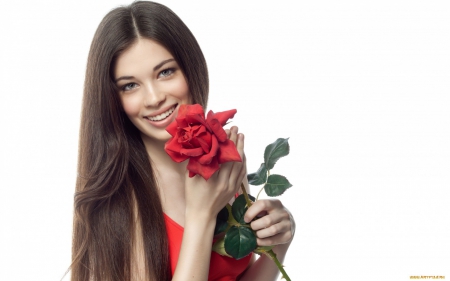 girl with red rose - pretty, rose, smile, red