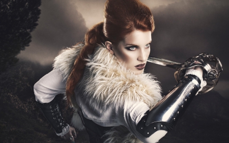 Warrior girl - sword, fighter, fantasy, armor, girl, woman, redhead