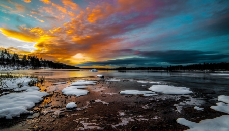 Sunset in winter - clouds, ice, winter, sunset