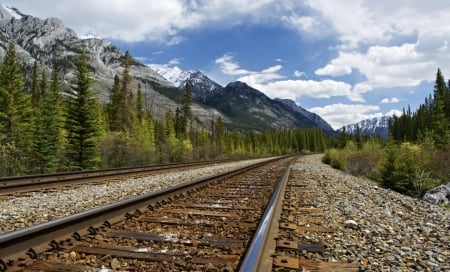 Wonderful trip - railway, clouds, forest, mountains