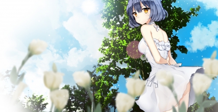 Lovely Day - pretty, anime, kawaii, female, scene, dress, short hair, nice, sky, anime girl, beautiful, girl, sundress, beauty, lovely, sweet, flower, white, cloud, cute, adorable