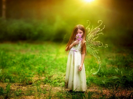 Girl butterfly - abstract, fantastic, girl, grass, child, flowers, fantasy, green, butterfly, cute, field