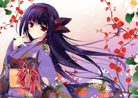 Purple Kimono - pretty, anime, female, blossom, maiden, long hair, japan, oriental, nice, purple hair, anime girl, beautiful, girl, beauty, kimono, lovely, sweet, flower, yukata, lady, floral, japanese