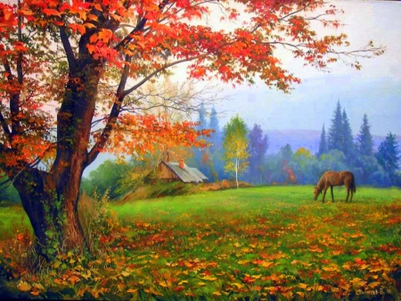 Colors of Fall Fields - fields, attractions in dreams, autumn, trees, lovely, creative pre-made, nature, horses, love four seasons, fall, beautiful, leaves, colors, paintings, grass