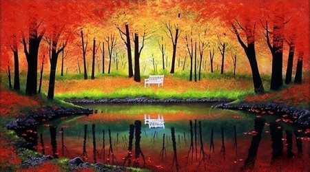 Autumn Reflections - attractions in dreams, autumn, trees, lovely, creative pre-made, lakes, nature, reflections, love four seasons, chair, fall, beautiful, paintings, colors