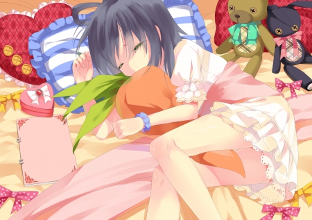 Sleep - sleeping, nice, hug, female, anime girl, black hair, laying, pretty, anime, cute, dreaming, luo tianyi, pillow, adorable, girl, long hair, dream, lay, gown, lovely, vocaloids, sleep, kawaii, vocaloid, sweet, dress