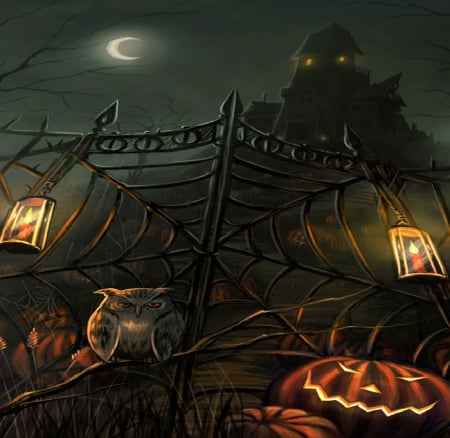 House On The Hill - house, owl, halloween, pumpkins