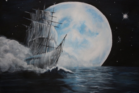 Ghost Ship - skeleton, moon, ghost, ship