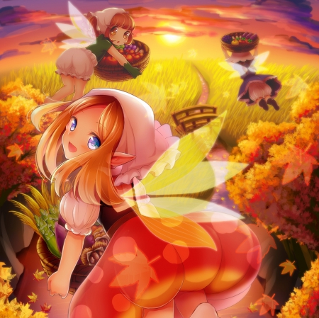 Autumn Fairy - fly, cute, blond hair, flying, blonde, anime girl, adorable, girl, wings, blond, fantasy, blonde hair, magic, food, fairy, lvoely, autumn, float, pretty, kawaii, wing, sweet, anime, dress, long hair, nice, basket, female