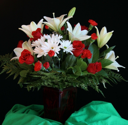 Vase with Flowers - white, nature, lily, flowers, still life, red roses, vase