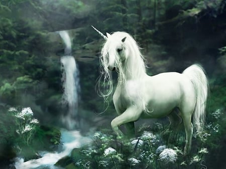 Unicorn between flowers - white, forest, waterfall, woods