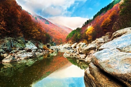 Autumn Splendor - water, forest, mountains, reflection, stones, iver