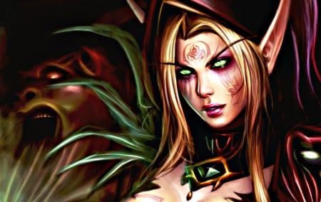 Sorceress - wow, sorceress, game, girl, green eyes, pink, monster, fantasy, woman, halloween, world of warcraft