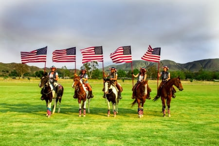 Patriotic Cowgirls - horses, chaps, american flags, field, cowgirls, mountains, hats, flags