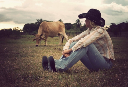 Lonely Cowgirl - boots, hat, cowgirl, jeans