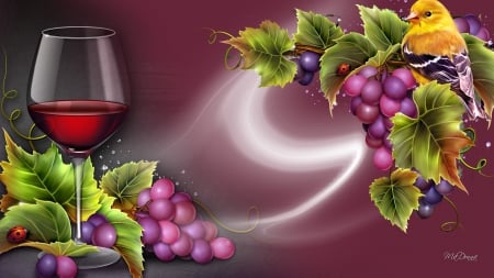 Grapes and Bright Bird - ladybug, glow, fresh, leaves, grapes, wine, bird