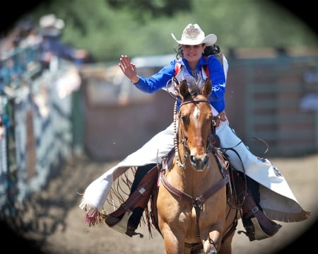 Miss Rodeo Oakdale - horse, cowgirl, hat, chaps, christine fox