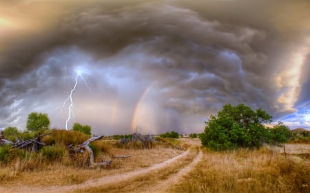 Rainbows and Lightning - Field, Storm, Nature, Clouds, Rainbow, Lightning