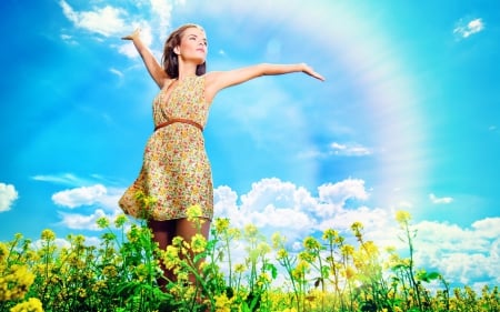 Summer Girl (2) - summer, people, female, blue, dress, flowers, SkyPhoenixX1, sky, sun, women, clouds, abstract, photography, girl, sunshine, beauty, woman, meadows