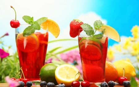 Fruit Drinks - strawberry, sunshine, sky, sun, photography, vacation, holiday, lime, skyphoenixx1, drink, cocktail, summer, cherry, berries, fruit, lemon, abstract, red, flowers, drinks