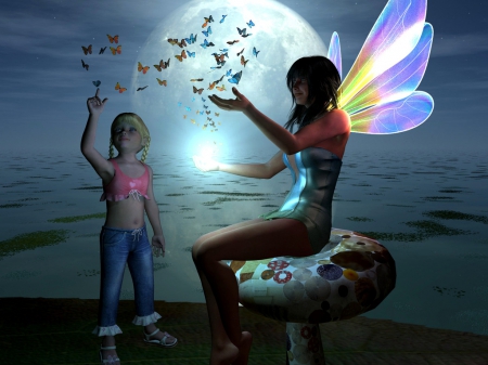 Fun with Magic - moon, butterfly, joy, blue, light, magic, wings, fairy