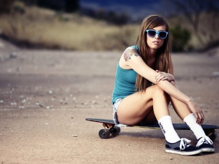 Scating girl - brunette, sexy, skateboard, glasses