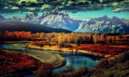 Fall In The Valley - autumn, wyoming, forest, clouds, beautiful, river, mountains, grass