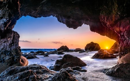 Sunset on Malibu Beach Seacave - beach, cave, malibu, sunset