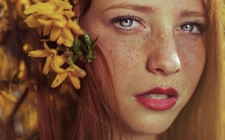 Beauty - redhead, yellow, freckles, beauty, face, flower, blue eyes