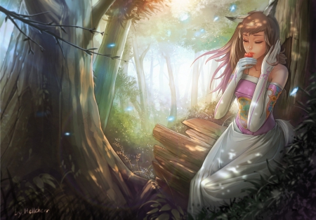 The Forest - pretty, kitsune, female, scenery, ears, fox, scene, maiden, dress, forest, plant, long hair, hd, nice, woods, realisitc, beautiful, girl, beauty, lovely, brown hair, sweet, smell, tree, cg, nature, lady, fantasy girl