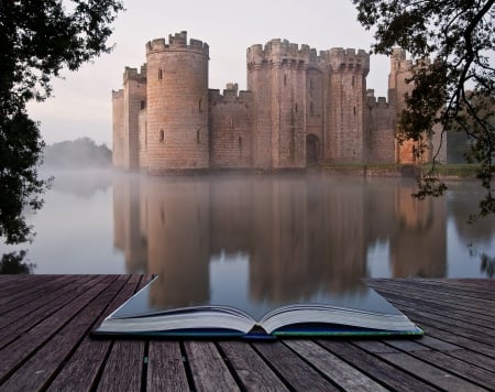 Reflections of a Book - water, artwork, tree, castle, pier