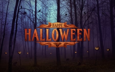 Happy Halloween - trees, black cats, crows, happy halloween, pumpkins, jack o lanterns, halloween, woods, forest, birds