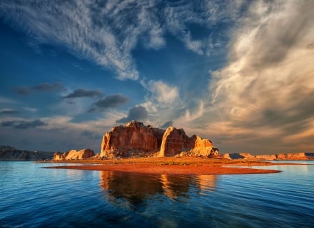 Late Evening On Lake Powell - clouds, Arizona, beautiful, reservoir, reflection, cliffs, lake, Utah, sky, rocks