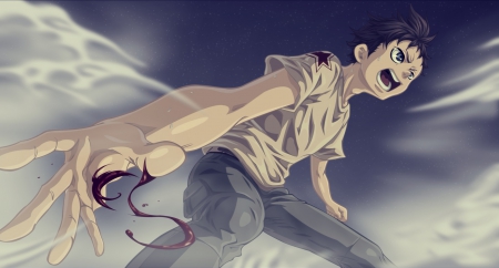 You Want A Piece Of Me?! - wallpaper, projectile, black, blood, ganta igarashi, shirt, anime, concentration, white, field, hair, jeans