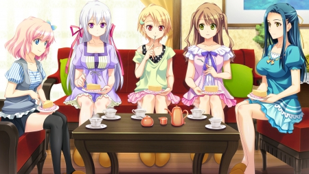 Tea Party - Skirt, Violet, Dress, Slippers, Short, Anime, White, Ribbon, Bow, Tea, Green, Brown, Stocking, Red, Yellow, Blonde, Cake, Omae No Pantsu Wa Nani-Iro Da, Hair, Eyes, Long, Blue, Wallpaper, Pink