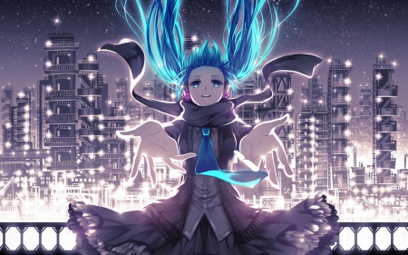 Hatsune Miku - hair, eyes, railing, anime, miku, hatsune miku, girl, twintails, night, wallpaper, scarf, blue hair, hatsune, blue, headphones, tie, city, coat, lights