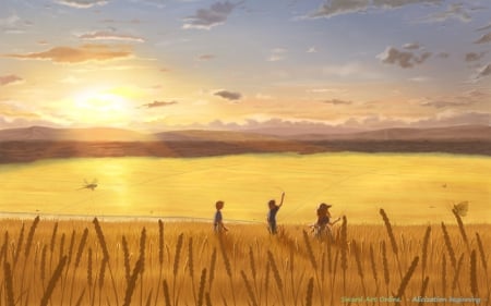 Alicization Prologue - virtual, wallpaper, kirigaya kazuto, alice, anime, girl, kirito, kid, alice schuberg, blonde hair, black hair, field, sunset, eugeo, guy