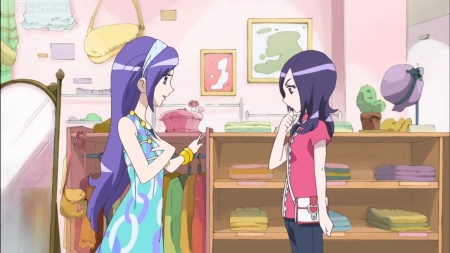 How Do I Look?? - pretty, anime, kawaii, female, shopping, dress, long hair, happy, blue hair, nice, purple hair, gown, anime girl, fresh precure, beautiful, girl, friendship, beauty, lovely, friend, sweet, pretty cure, precure, cute, adorable