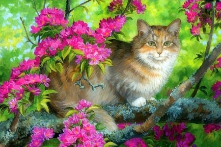 ..Among Flowers.. - pretty, trees, creative pre-made, paintings, colors, lovely, flowers, kittens, cute, cats, love four seasons, draw and paint, animals