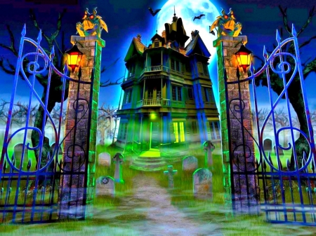 Enter If You Dare - moon, house, haunted house, fantasy, spooky, graveyard, scarey, halloween, gates