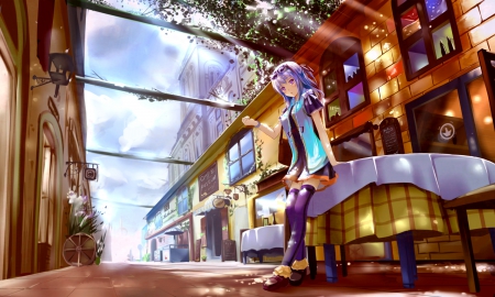 Lonely Town - pretty, anime, female, scenery, town, scene, home, hd, nice, sky, house, anime girl, beautiful, girl, city, beauty, lovely, sweet, cg, building