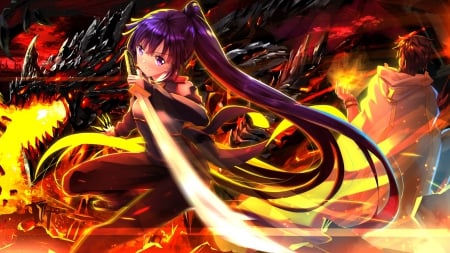 Raid Game! - anime, female, war, closeup, long hair, battle, fire, katana, log horizon, hd, purple hair, girl, sword, flame, blade, cg, fantasy, sinister, close up