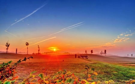 DWAN over a GRASSY MEADOW - sunshine, sky, landscape, meadow, sunset, field, sun rays, nature, golden colors, clouds, splendor