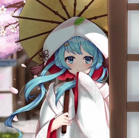 Yuki Miku - nice, tears, female, anime girl, miku hatsune, pretty, umbrella, petals, anime, miku, kimono, cute, hatsune miku, adorable, girl, long hair, crying, lovely, hatsune, vocaloids, yuki miku, kawaii, cry, vocaloid, yukata, sweet, green hair, happy