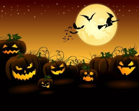 Halloween - moon, halloween, bat, pumpkin