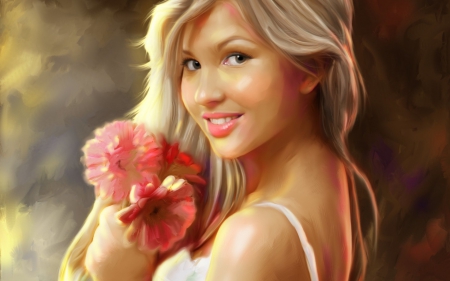 Girl - woman, painting, girl, blonde, flower, art, pink