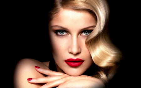 Laetitia Casta - face, red, make-up, black, laetitia casta, model, blonde, girl, woman