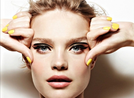 Natalia Vodianova - woman, girl, blue eyes, make-up, model, white, face, yellow, natalia vodianova, nails