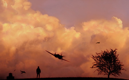 Watching a Spitfire at Sunset - spitfire, airfield, ww 2, ww ii, sunset